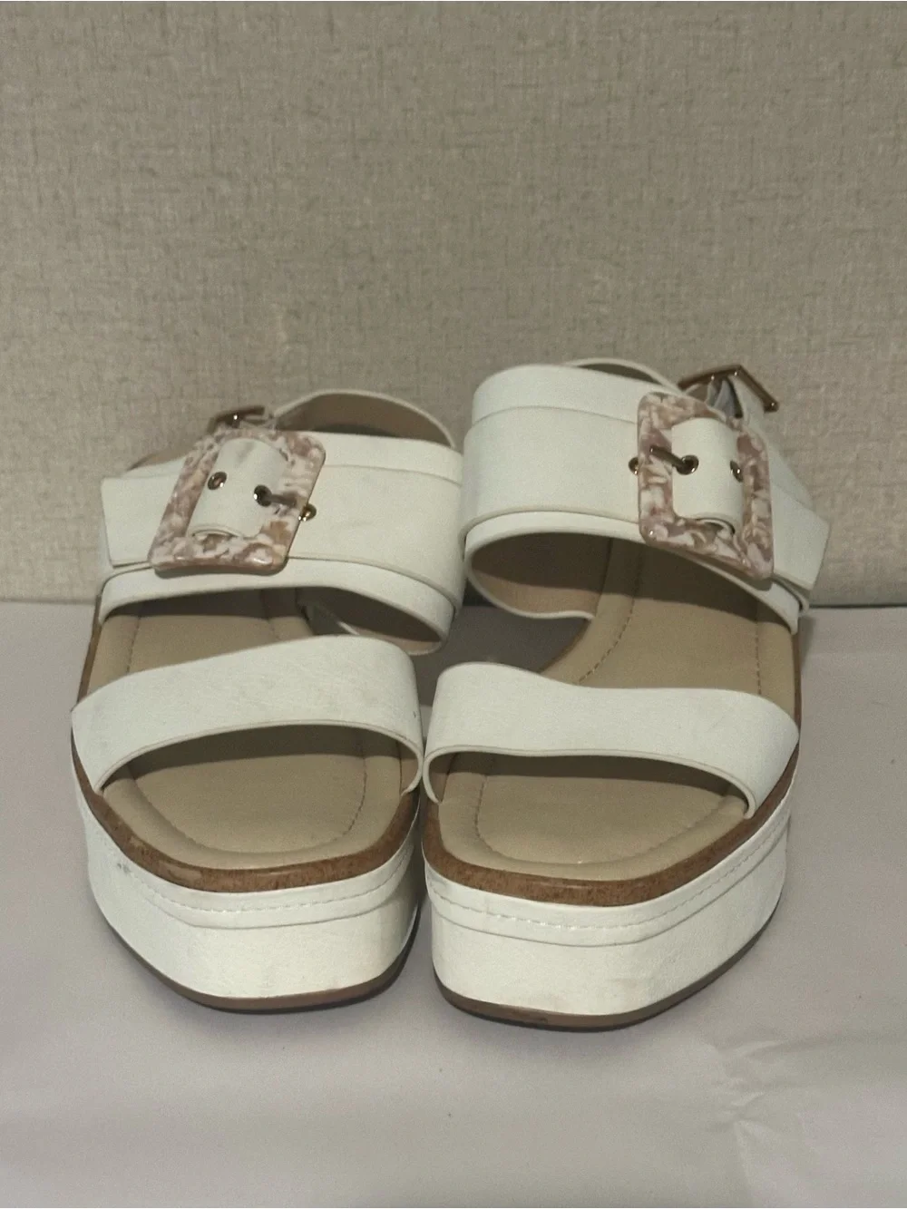 Cato Size 11 White Platform Strappy Sandals with Tortoiseshell Buckles